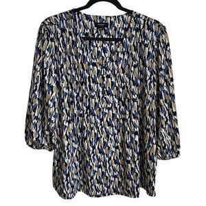 Cocomo Popover Blouse Top Pintucks Sz PXL V-Neck Abstract 3/4 Sleeves Biue Tan